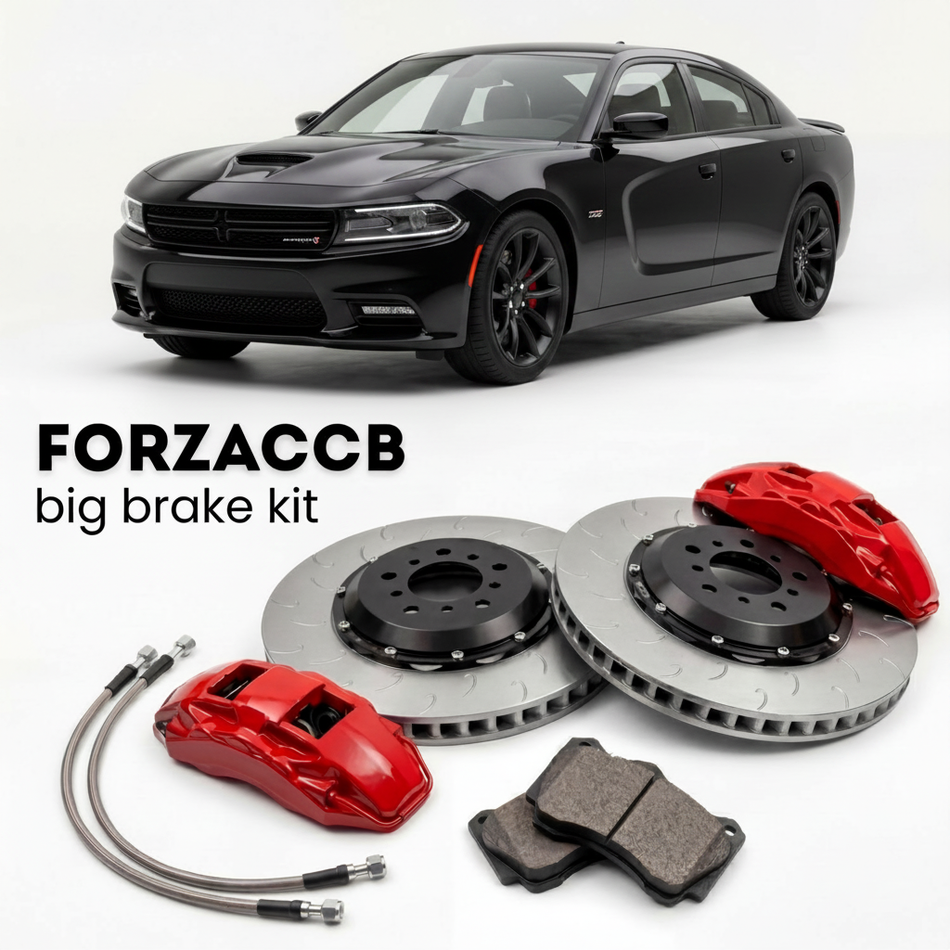 Black Dodge Charger LD, facelift 2015) (2015-2019 (VII) shown above a ForzaCCB iron rotor big brake kit with 2x red 6-piston front calipers, 2x two-piece floating ventilated brake discs 380 mm, set of brake pads, and brake lines.