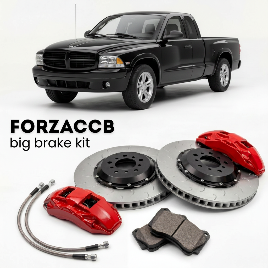 Black Dodge Dakota II (2005-2005) shown above a ForzaCCB iron rotor big brake kit with 2x red 6-piston front calipers, 2x two-piece floating ventilated brake discs 380 mm, set of brake pads, and brake lines.