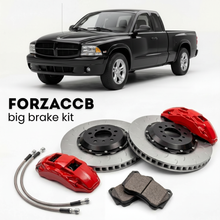 Black Dodge Dakota II (2005-2005) shown above a ForzaCCB iron rotor big brake kit with 2x red 6-piston front calipers, 2x two-piece floating ventilated brake discs 380 mm, set of brake pads, and brake lines.