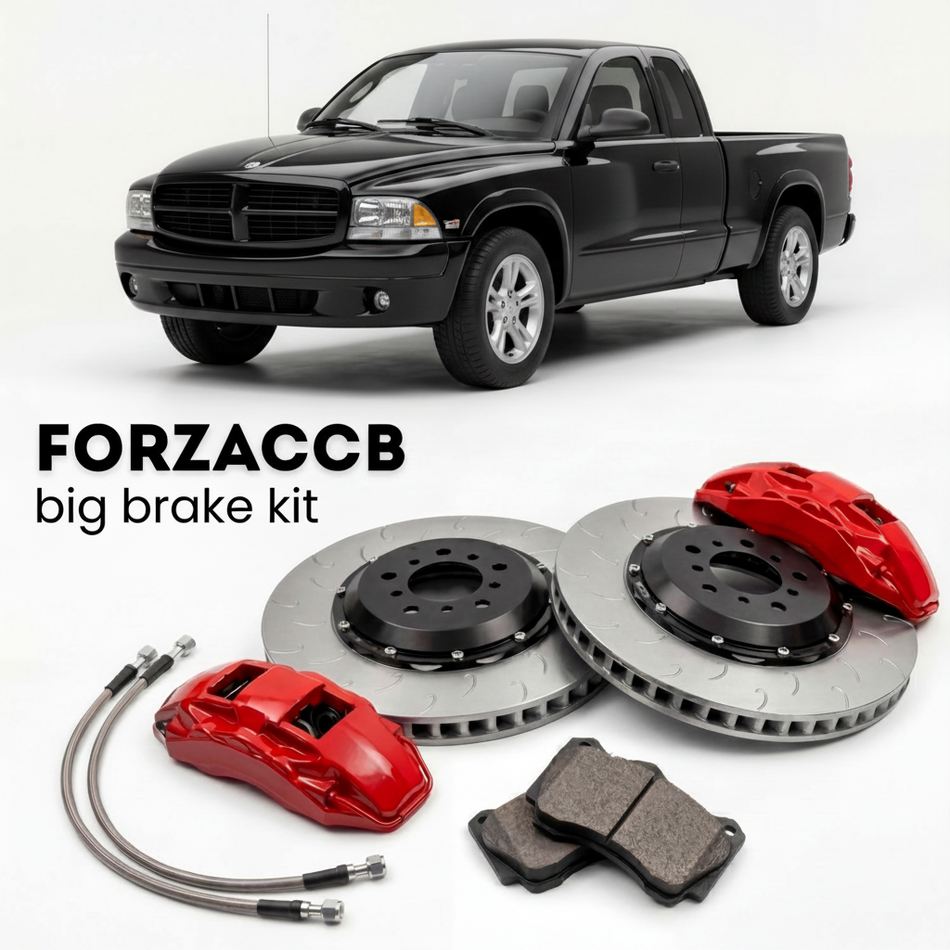 Black Dodge Dakota II (2005-2005) shown above a ForzaCCB iron rotor big brake kit with 2x red 6-piston front calipers, 2x two-piece floating ventilated brake discs 380 mm, set of brake pads, and brake lines.