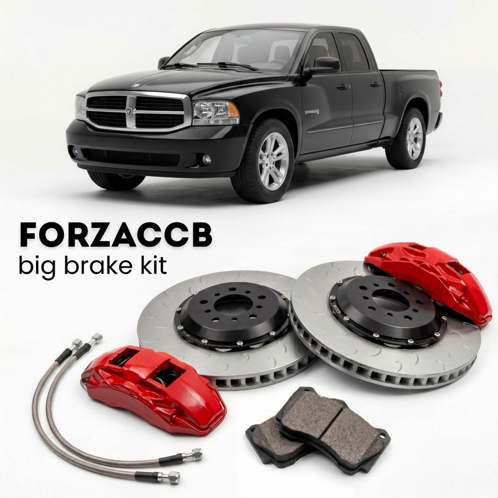 Black Dodge Dakota facelift 2007) (2007-2011 (III) shown above a ForzaCCB iron rotor big brake kit with 2x red 6-piston front calipers, 2x two-piece floating ventilated brake discs 380 mm, set of brake pads, and brake lines.