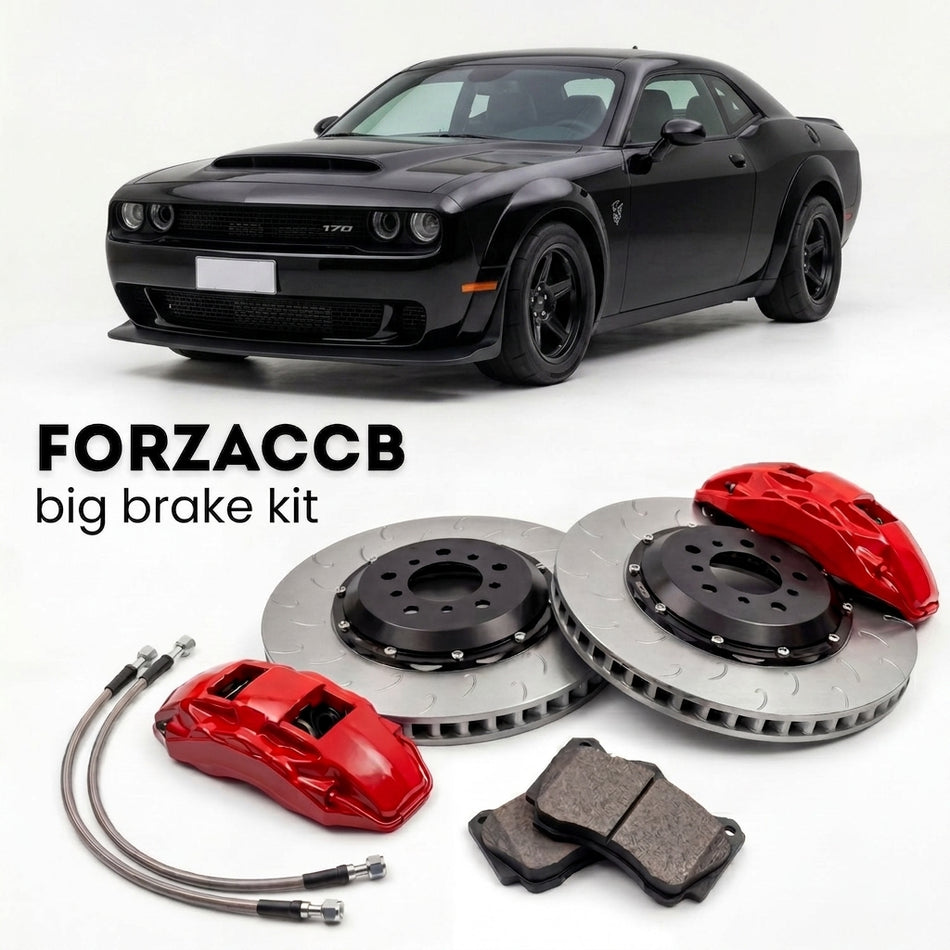 Black Dodge Demon 170 (2023) shown above a ForzaCCB iron rotor big brake kit with 2x red 6-piston front calipers, 2x two-piece floating ventilated brake discs 380 mm, set of brake pads, and brake lines.