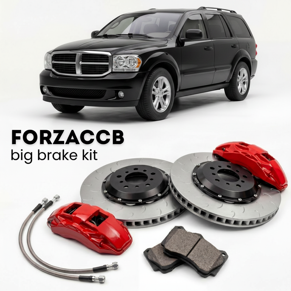 Black Dodge Durango HB) (2005-2006 (II) shown above a ForzaCCB iron rotor big brake kit with 2x red 6-piston front calipers, 2x two-piece floating ventilated brake discs 380 mm, set of brake pads, and brake lines.