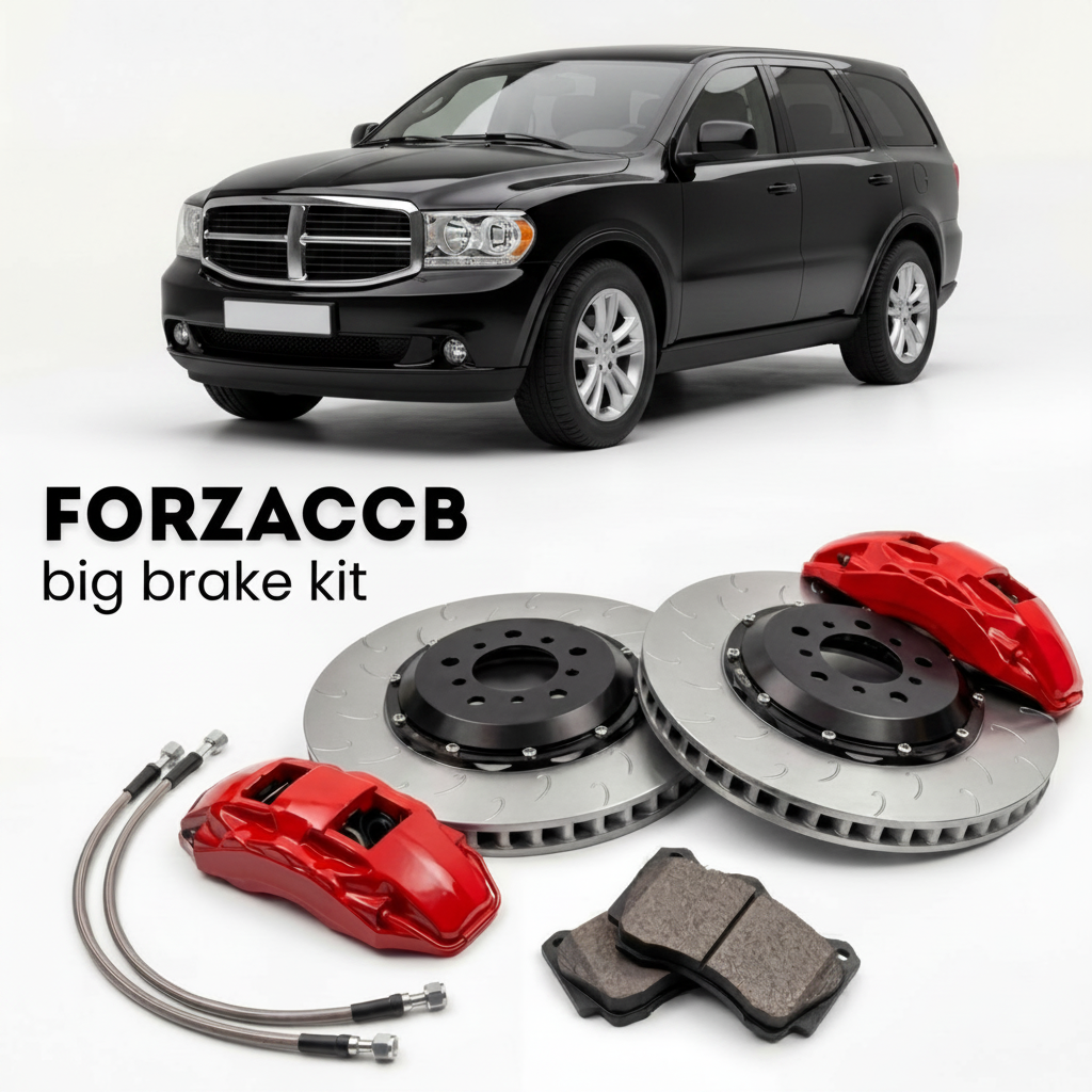 Black Dodge Durango HB, facelift 2006) (2006-2008 (II) shown above a ForzaCCB iron rotor big brake kit with 2x red 6-piston front calipers, 2x two-piece floating ventilated brake discs 380 mm, set of brake pads, and brake lines.