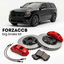 Black Dodge Durango WD) (2010-2014 (III) shown above a ForzaCCB iron rotor big brake kit with 2x red 6-piston front calipers, 2x two-piece floating ventilated brake discs 380 mm, set of brake pads, and brake lines.