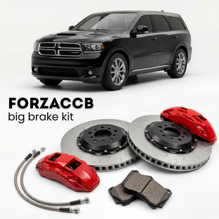 Black Dodge Durango WD, facelift 2014) (2014-2020 (III) shown above a ForzaCCB iron rotor big brake kit with 2x red 6-piston front calipers, 2x two-piece floating ventilated brake discs 380 mm, set of brake pads, and brake lines.
