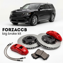 Black Dodge Durango WD, facelift 2021) (2021+ (III) shown above a ForzaCCB iron rotor big brake kit with 2x red 6-piston front calipers, 2x two-piece floating ventilated brake discs 380 mm, set of brake pads, and brake lines.