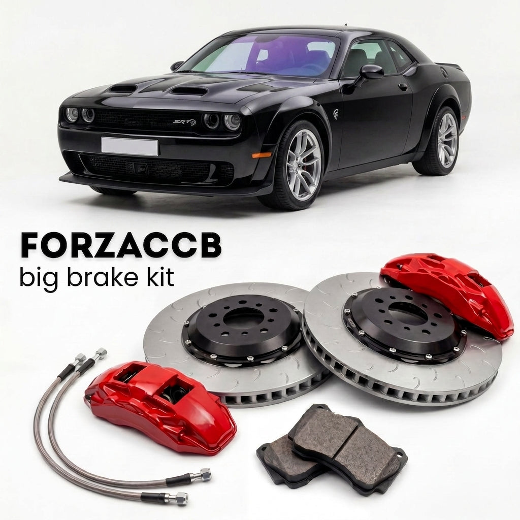 Black Dodge Hellcat Redeye (2021-2023) shown above a ForzaCCB iron rotor big brake kit with 2x red 6-piston front calipers, 2x two-piece floating ventilated brake discs 380 mm, set of brake pads, and brake lines.