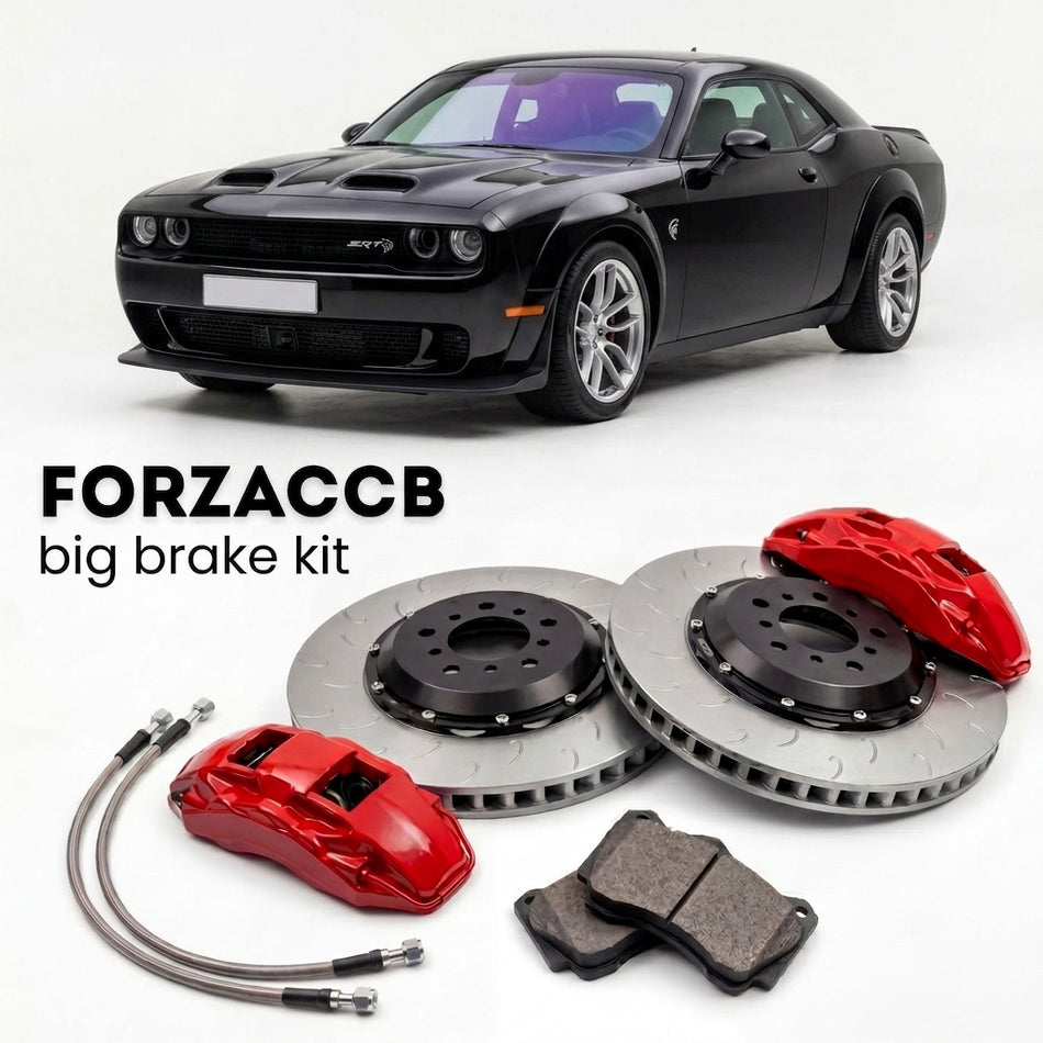 Black Dodge Hellcat Redeye (2021-2023) shown above a ForzaCCB iron rotor big brake kit with 2x red 6-piston front calipers, 2x two-piece floating ventilated brake discs 380 mm, set of brake pads, and brake lines.