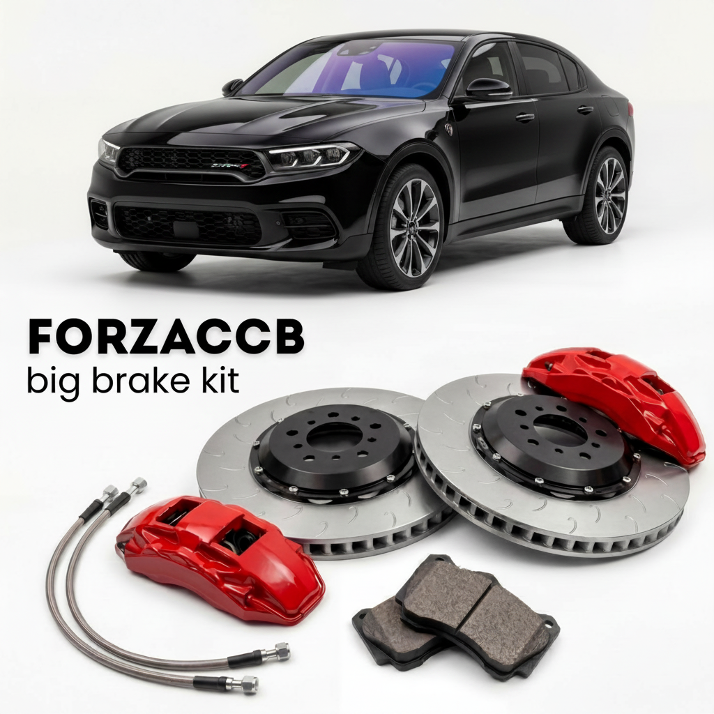 Black Dodge Hornet (2023+) shown above a ForzaCCB iron rotor big brake kit with 2x red 6-piston front calipers, 2x two-piece floating ventilated brake discs 380 mm, set of brake pads, and brake lines.