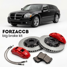 Black Dodge Magnum (2005-2008) shown above a ForzaCCB iron rotor big brake kit with 2x red 6-piston front calipers, 2x two-piece floating ventilated brake discs 380 mm, set of brake pads, and brake lines.