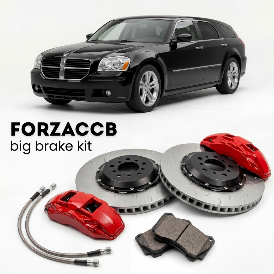 Black Dodge Magnum (2005-2008) shown above a ForzaCCB iron rotor big brake kit with 2x red 6-piston front calipers, 2x two-piece floating ventilated brake discs 380 mm, set of brake pads, and brake lines.