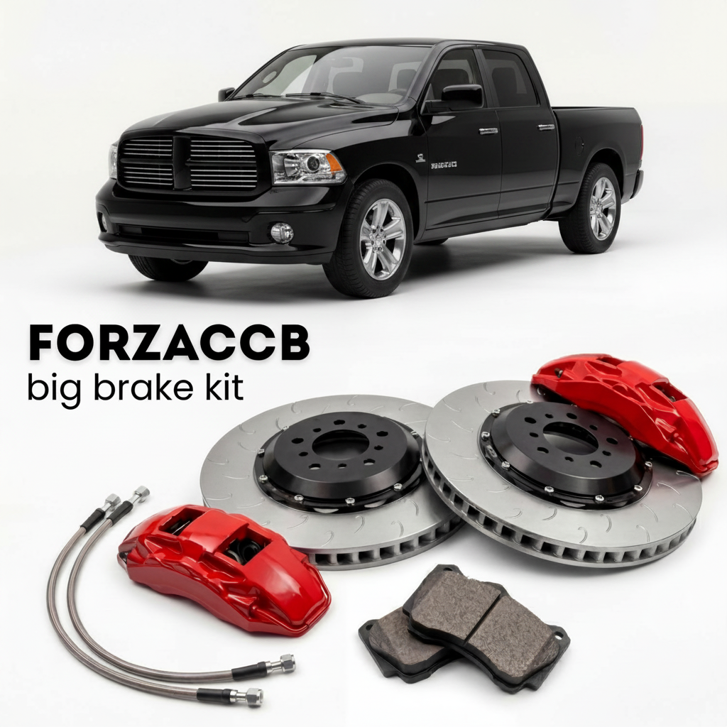 Black Dodge RAM DR/DH) (2005-2009 (1500 III) shown above a ForzaCCB iron rotor big brake kit with 2x red 6-piston front calipers, 2x two-piece floating ventilated brake discs 380 mm, set of brake pads, and brake lines.