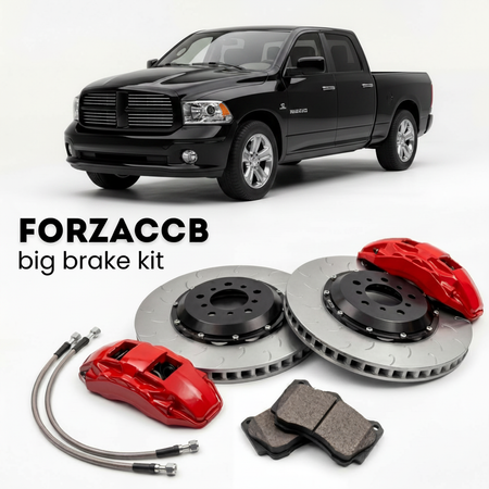 Black Dodge RAM DR/DH) (2005-2009 (1500 III) shown above a ForzaCCB iron rotor big brake kit with 2x red 6-piston front calipers, 2x two-piece floating ventilated brake discs 380 mm, set of brake pads, and brake lines.