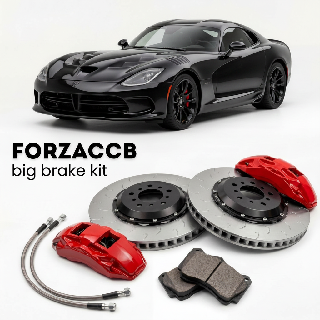 Black Dodge Viper ACR Gen 5 (2016-2017) shown above a ForzaCCB iron rotor big brake kit with 2x red 6-piston front calipers, 2x two-piece floating ventilated brake discs 380 mm, set of brake pads, and brake lines.
