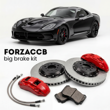 Black Dodge Viper ACR Gen 5 (2016-2017) shown above a ForzaCCB iron rotor big brake kit with 2x red 6-piston front calipers, 2x two-piece floating ventilated brake discs 380 mm, set of brake pads, and brake lines.