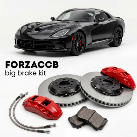Black Dodge Viper ACR Gen 5 (2016-2017) shown above a ForzaCCB iron rotor big brake kit with 2x red 6-piston front calipers, 2x two-piece floating ventilated brake discs 380 mm, set of brake pads, and brake lines.