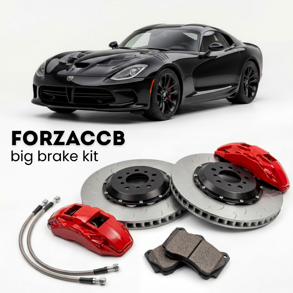 Black Dodge Viper SRT/GTS Gen 5 (2013-2017) shown above a ForzaCCB iron rotor big brake kit with 2x red 6-piston front calipers, 2x two-piece floating ventilated brake discs 380 mm, set of brake pads, and brake lines.