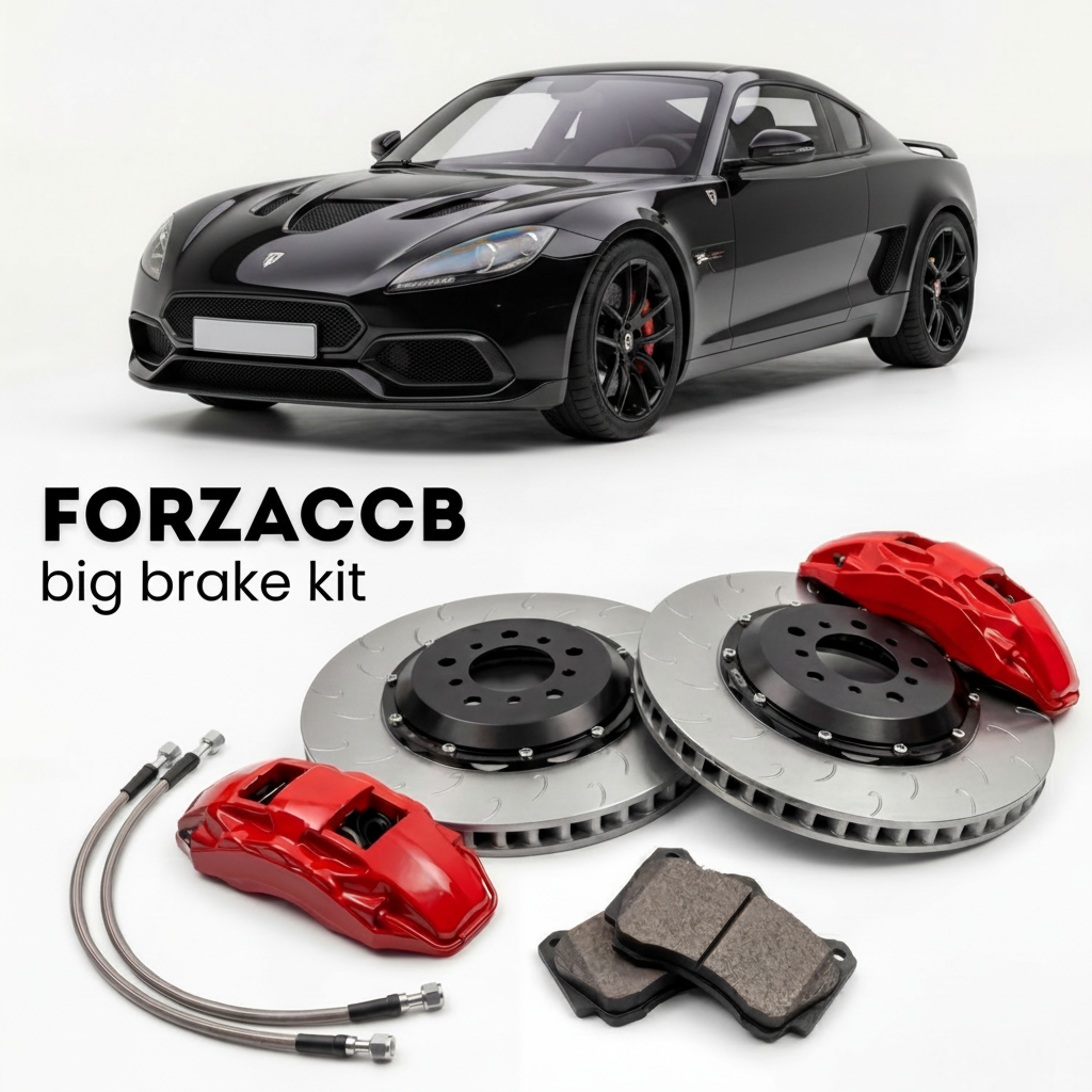 Black Donkervoort D8 GTO (2013-2022) shown above a ForzaCCB iron rotor big brake kit with 2x red 6-piston front calipers, 2x two-piece floating ventilated brake discs 380 mm, set of brake pads, and brake lines.