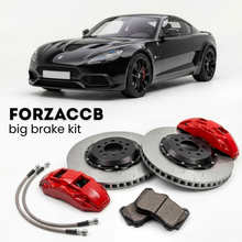 Black Donkervoort D8 GTO (2013-2022) shown above a ForzaCCB iron rotor big brake kit with 2x red 6-piston front calipers, 2x two-piece floating ventilated brake discs 380 mm, set of brake pads, and brake lines.
