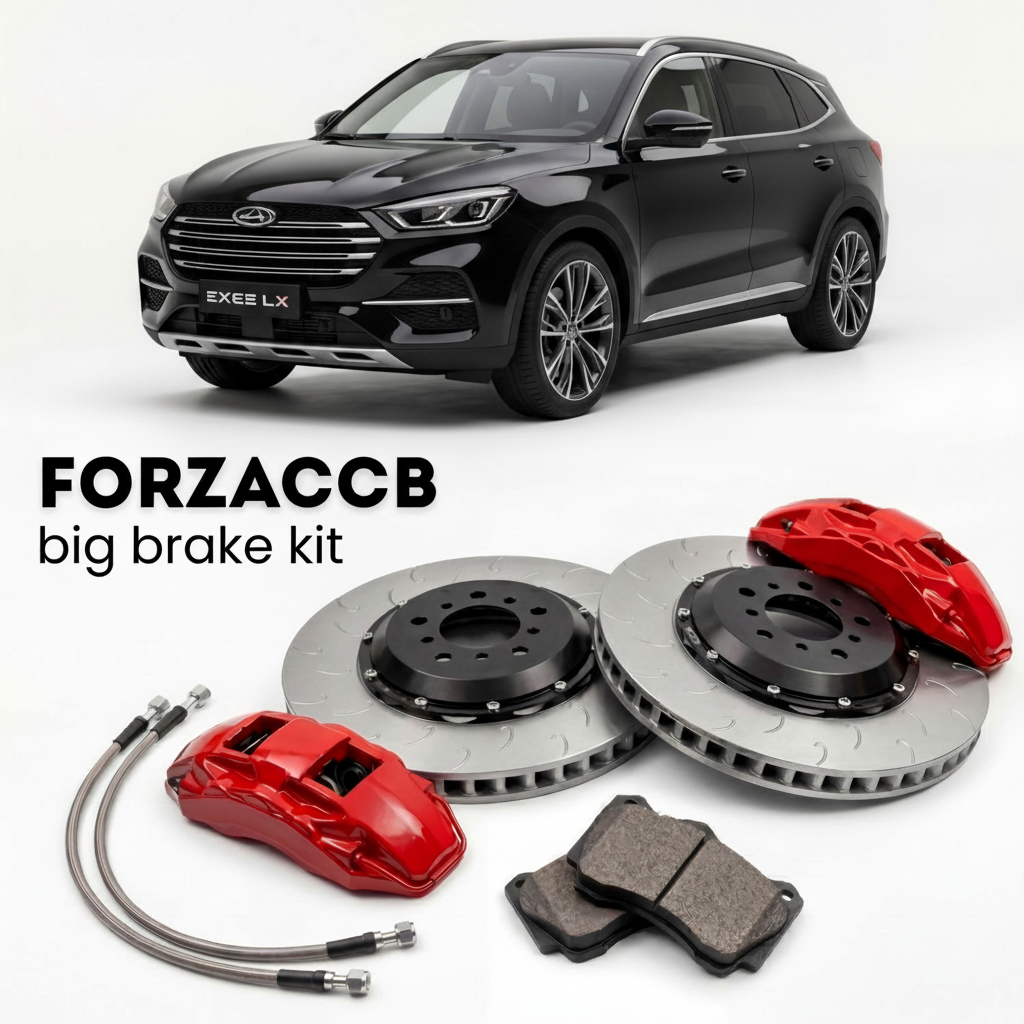 Black Exeed LX (2019-2022) shown above a ForzaCCB iron rotor big brake kit with 2x red 6-piston front calipers, 2x two-piece floating ventilated brake discs 380 mm, set of brake pads, and brake lines.