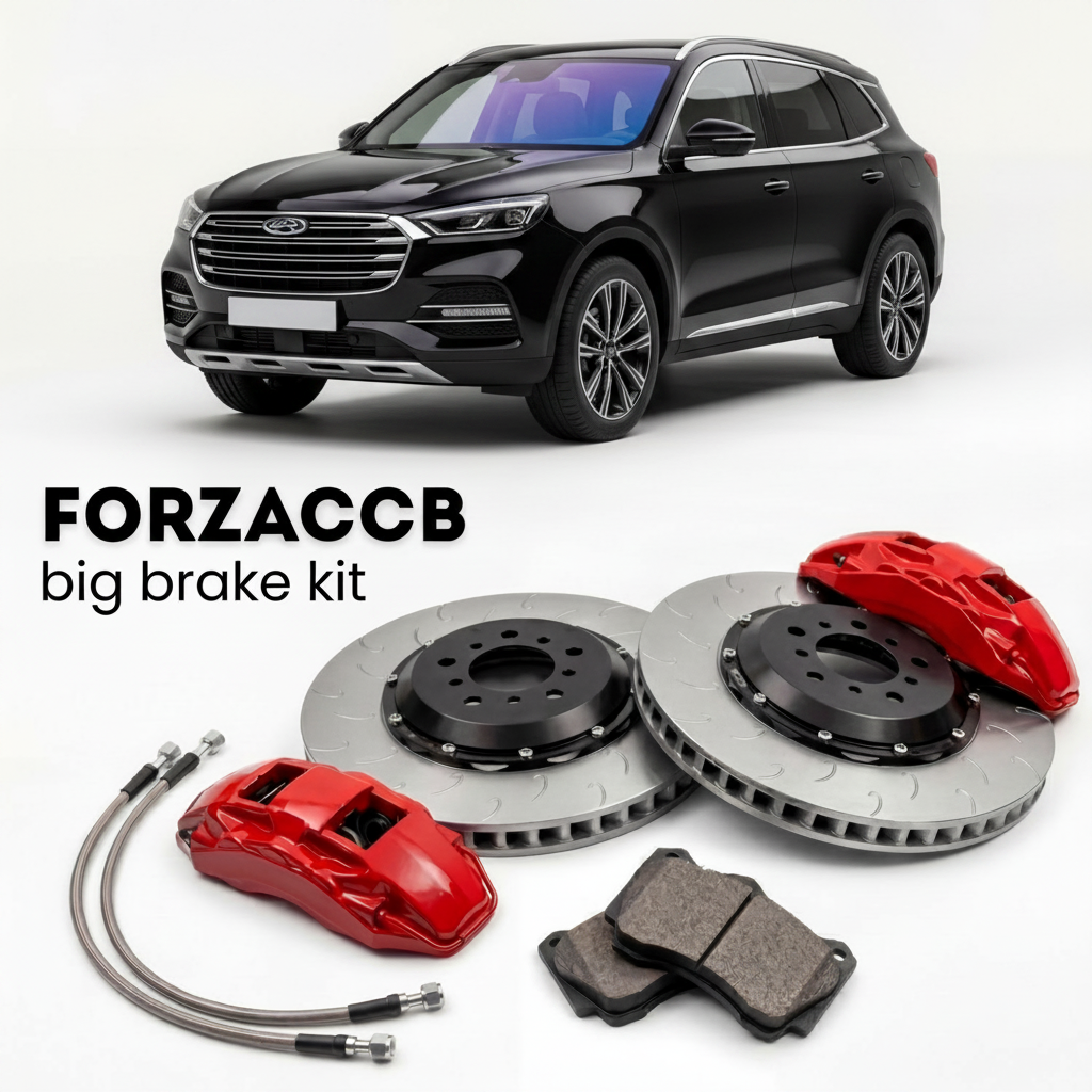 Black Exeed TX/TXL facelift 2021) (2021+ (Exeed TXL) shown above a ForzaCCB iron rotor big brake kit with 2x red 6-piston front calipers, 2x two-piece floating ventilated brake discs 380 mm, set of brake pads, and brake lines.