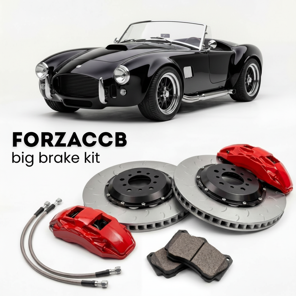 Black Factory Five Racing Mk4 Roadster (2015-2026) shown above a ForzaCCB iron rotor big brake kit with 2x red 6-piston front calipers, 2x two-piece floating ventilated brake discs 380 mm, set of brake pads, and brake lines.
