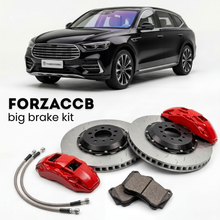 Black Fangchengbao Leopard 5 (2023+) shown above a ForzaCCB iron rotor big brake kit with 2x red 6-piston front calipers, 2x two-piece floating ventilated brake discs 380 mm, set of brake pads, and brake lines.
