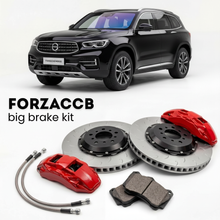 Black Fangchengbao Titanium 3 (2025+) shown above a ForzaCCB iron rotor big brake kit with 2x red 6-piston front calipers, 2x two-piece floating ventilated brake discs 380 mm, set of brake pads, and brake lines.