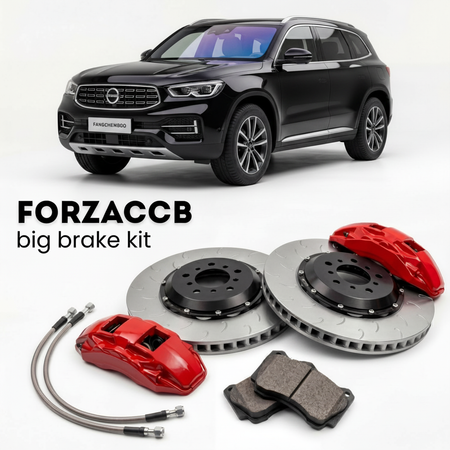 Black Fangchengbao Titanium 3 (2025+) shown above a ForzaCCB iron rotor big brake kit with 2x red 6-piston front calipers, 2x two-piece floating ventilated brake discs 380 mm, set of brake pads, and brake lines.