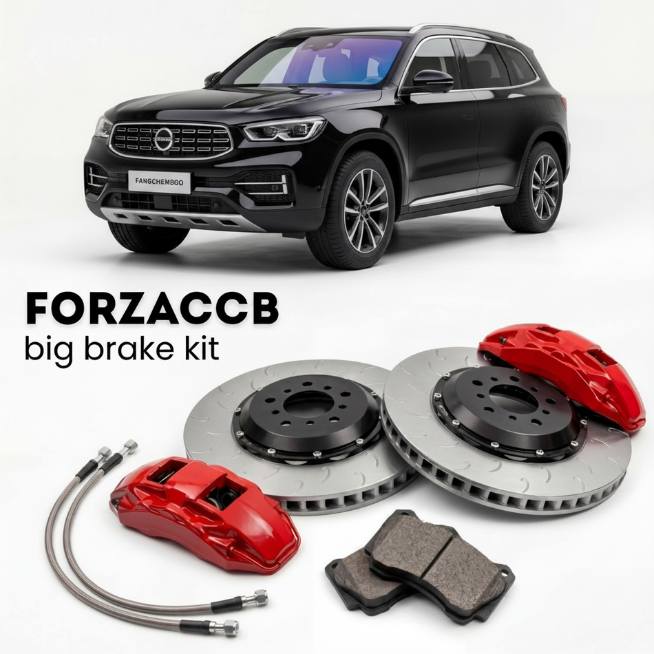 Black Fangchengbao Titanium 3 (2025+) shown above a ForzaCCB iron rotor big brake kit with 2x red 6-piston front calipers, 2x two-piece floating ventilated brake discs 380 mm, set of brake pads, and brake lines.