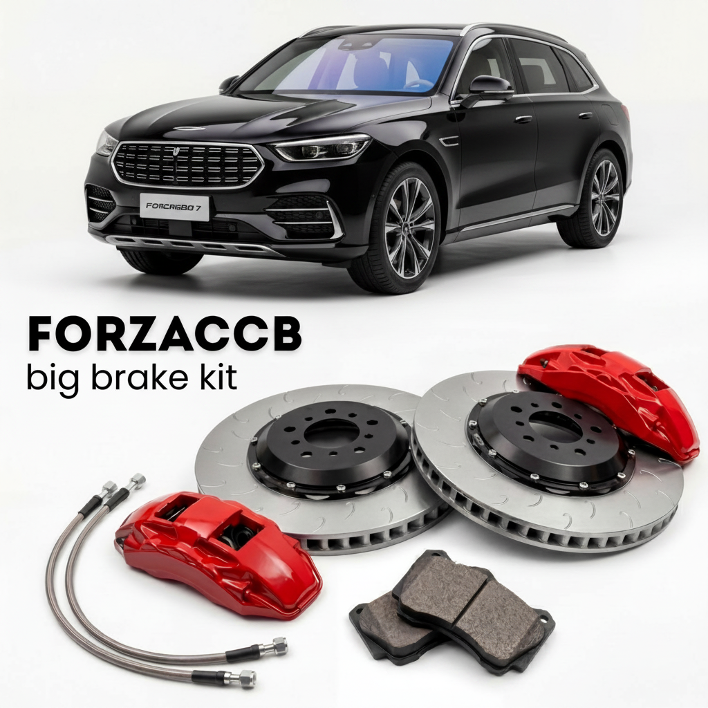 Black Fangchengbao Titanium 7 (2025+) shown above a ForzaCCB iron rotor big brake kit with 2x red 6-piston front calipers, 2x two-piece floating ventilated brake discs 380 mm, set of brake pads, and brake lines.