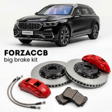 Black Fangchengbao Titanium 7 (2025+) shown above a ForzaCCB iron rotor big brake kit with 2x red 6-piston front calipers, 2x two-piece floating ventilated brake discs 380 mm, set of brake pads, and brake lines.