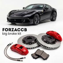 Black Ferrari 12Cilindri (2024+) shown above a ForzaCCB iron rotor big brake kit with 2x red 6-piston front calipers, 2x two-piece floating ventilated brake discs 380 mm, set of brake pads, and brake lines.