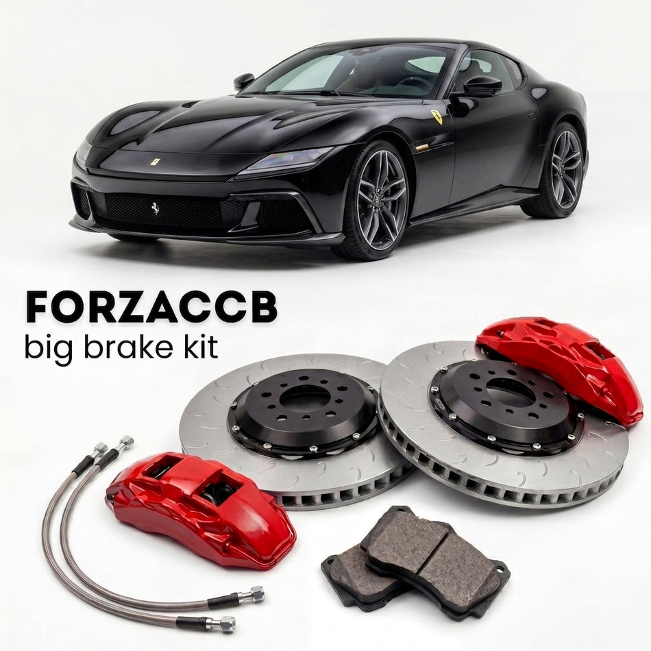 Black Ferrari 12Cilindri (2024+) shown above a ForzaCCB iron rotor big brake kit with 2x red 6-piston front calipers, 2x two-piece floating ventilated brake discs 380 mm, set of brake pads, and brake lines.
