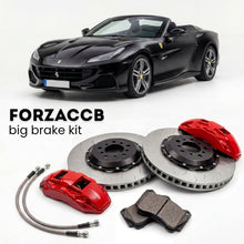 Black Ferrari 12Cilindri Spider (2024+) shown above a ForzaCCB iron rotor big brake kit with 2x red 6-piston front calipers, 2x two-piece floating ventilated brake discs 380 mm, set of brake pads, and brake lines.