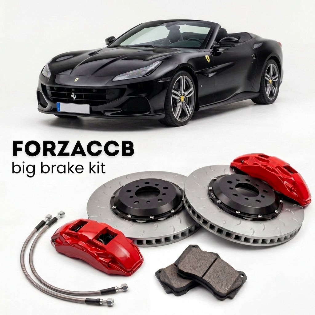 Black Ferrari 12Cilindri Spider (2024+) shown above a ForzaCCB iron rotor big brake kit with 2x red 6-piston front calipers, 2x two-piece floating ventilated brake discs 380 mm, set of brake pads, and brake lines.