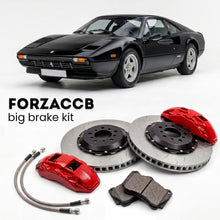 Black Ferrari 208 GTB & GTS (1980-1981) shown above a ForzaCCB iron rotor big brake kit with 2x red 6-piston front calipers, 2x two-piece floating ventilated brake discs 380 mm, set of brake pads, and brake lines.