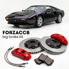 Black Ferrari 208 GTB Turbo (1982-1985) shown above a ForzaCCB iron rotor big brake kit with 2x red 6-piston front calipers, 2x two-piece floating ventilated brake discs 380 mm, set of brake pads, and brake lines.