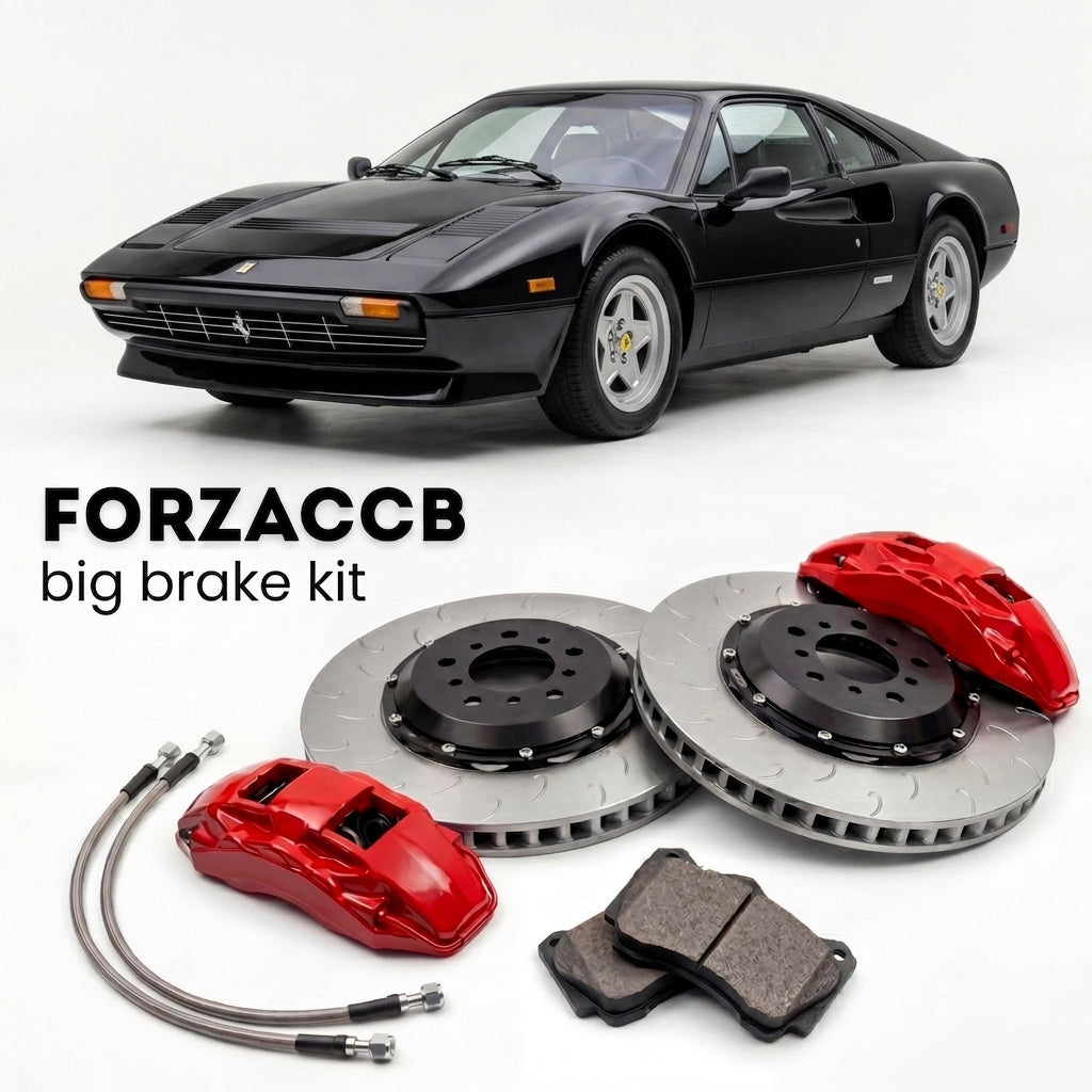 Black Ferrari 208 GTB Turbo (1982-1985) shown above a ForzaCCB iron rotor big brake kit with 2x red 6-piston front calipers, 2x two-piece floating ventilated brake discs 380 mm, set of brake pads, and brake lines.