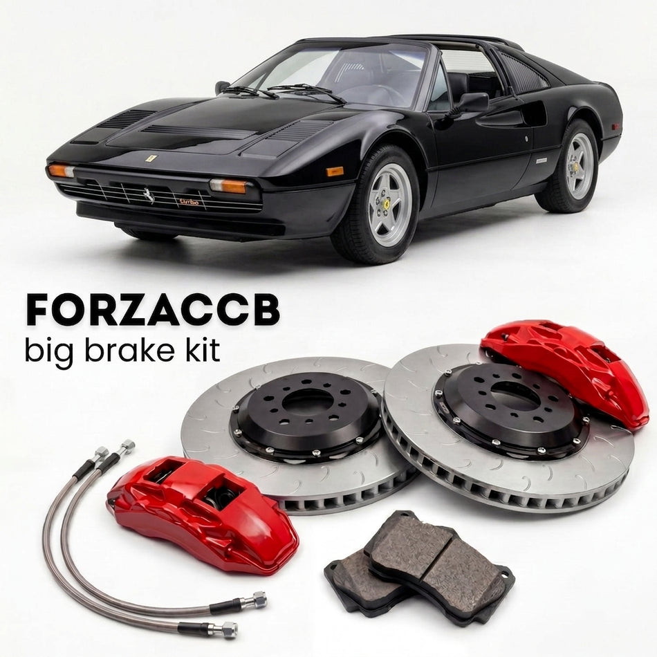 Black Ferrari 208 GTS Turbo (1983-1985) shown above a ForzaCCB iron rotor big brake kit with 2x red 6-piston front calipers, 2x two-piece floating ventilated brake discs 380 mm, set of brake pads, and brake lines.