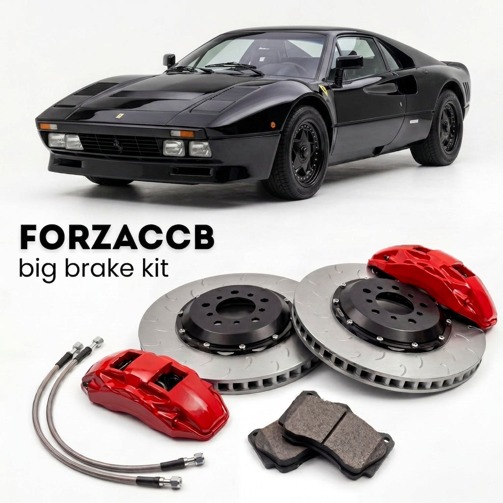 Black Ferrari 288 GTO (1984-1987) shown above a ForzaCCB iron rotor big brake kit with 2x red 6-piston front calipers, 2x two-piece floating ventilated brake discs 380 mm, set of brake pads, and brake lines.