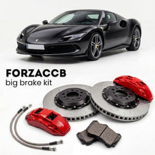 Black Ferrari 296 GTB (2021+) shown above a ForzaCCB iron rotor big brake kit with 2x red 6-piston front calipers, 2x two-piece floating ventilated brake discs 380 mm, set of brake pads, and brake lines.