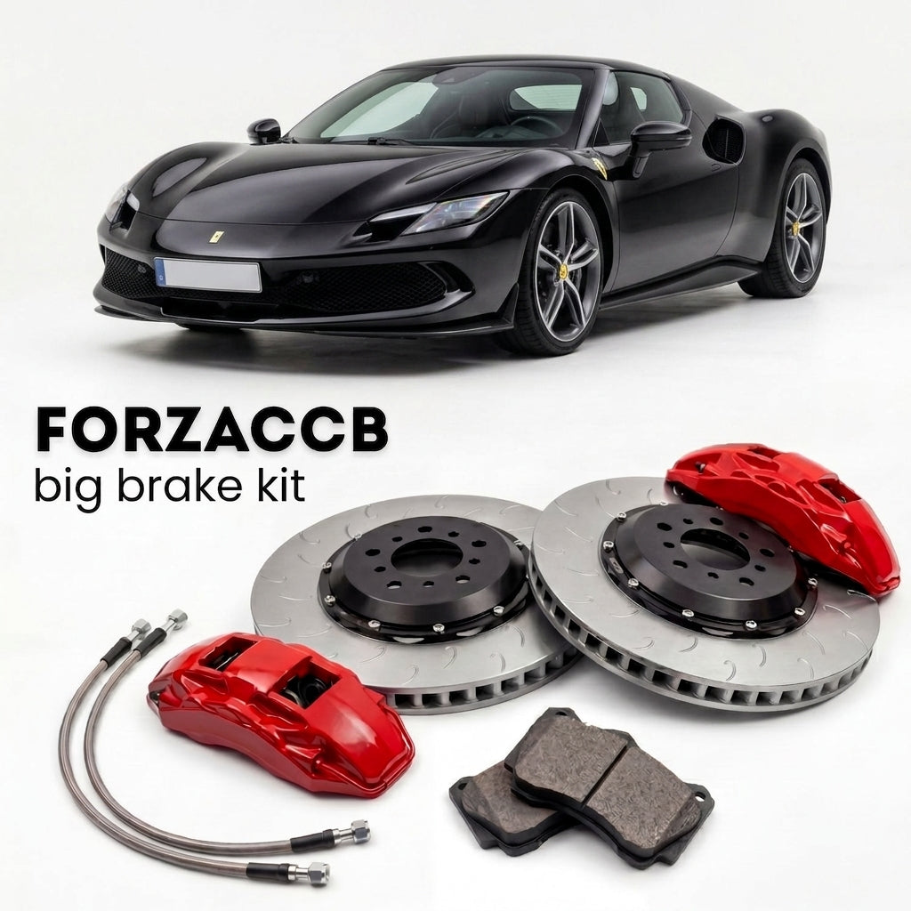 Black Ferrari 296 GTB (2021+) shown above a ForzaCCB iron rotor big brake kit with 2x red 6-piston front calipers, 2x two-piece floating ventilated brake discs 380 mm, set of brake pads, and brake lines.
