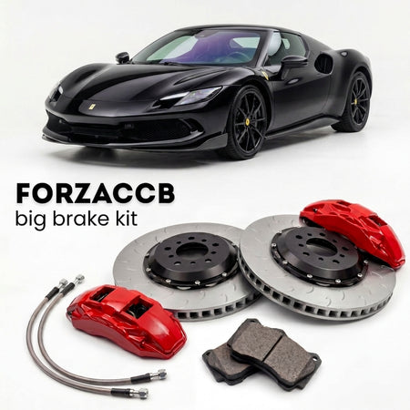Black Ferrari 296 Speciale (2025+) shown above a ForzaCCB iron rotor big brake kit with 2x red 6-piston front calipers, 2x two-piece floating ventilated brake discs 380 mm, set of brake pads, and brake lines.