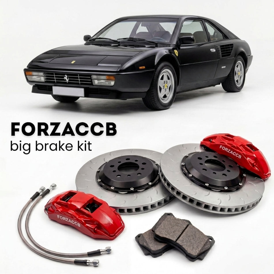 Black Ferrari 3.2 Mondial (1985-1989) shown above a ForzaCCB iron rotor big brake kit with 2x red 6-piston front calipers, 2x two-piece floating ventilated brake discs 380 mm, set of brake pads, and brake lines.