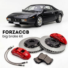 Black Ferrari 3.2 Mondial Cabriolet (1985-1989) shown above a ForzaCCB iron rotor big brake kit with 2x red 6-piston front calipers, 2x two-piece floating ventilated brake discs 380 mm, set of brake pads, and brake lines.