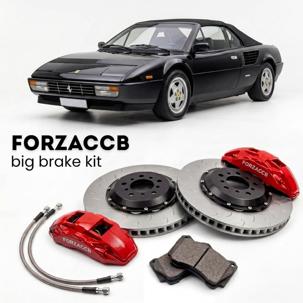 Black Ferrari 3.2 Mondial Cabriolet (1985-1989) shown above a ForzaCCB iron rotor big brake kit with 2x red 6-piston front calipers, 2x two-piece floating ventilated brake discs 380 mm, set of brake pads, and brake lines.