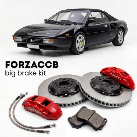 Black Ferrari 3.2 Mondial Cabriolet (1985-1989) shown above a ForzaCCB iron rotor big brake kit with 2x red 6-piston front calipers, 2x two-piece floating ventilated brake discs 380 mm, set of brake pads, and brake lines.