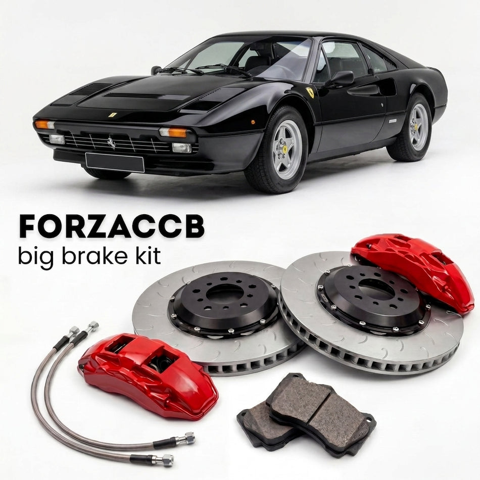 Black Ferrari 308 GTB & GTS Quattrovalvole (1982-1985) shown above a ForzaCCB iron rotor big brake kit with 2x red 6-piston front calipers, 2x two-piece floating ventilated brake discs 380 mm, set of brake pads, and brake lines.